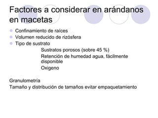 Factores a considerar en arándanos
en macetas
  Confinamiento de raíces
  Volumen reducido de rizósfera
  Tipo de sustrato
              Sustratos porosos (sobre 45 %)
              Retención de humedad agua, fácilmente
              disponible
              Oxigeno

Granulometría
Tamaño y distribución de tamaños evitar empaquetamiento
 