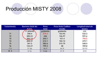 Producción MISTY 2008


Tratamiento   Numero total de     Peso     Peso fruta Calibre   Longitud total de
                  frutos          total          medio               brotes
                # /planta       g/planta       g/planta                cm
    T1            348.4          279.3           163.93               532.3
    T2           300.23            246           146.97               591.6
    T3           250.13          250.7            151.4               793.5
    T4           204.47          214.1           103.13               479.1
    T5            341.5          383.6           215.75               548.4
    T6           133.27          199.3              48                709.8
   CV             37.66           46.9             64.9               50.93
   Pr F            0.16           0.66             41.9                0.81
 