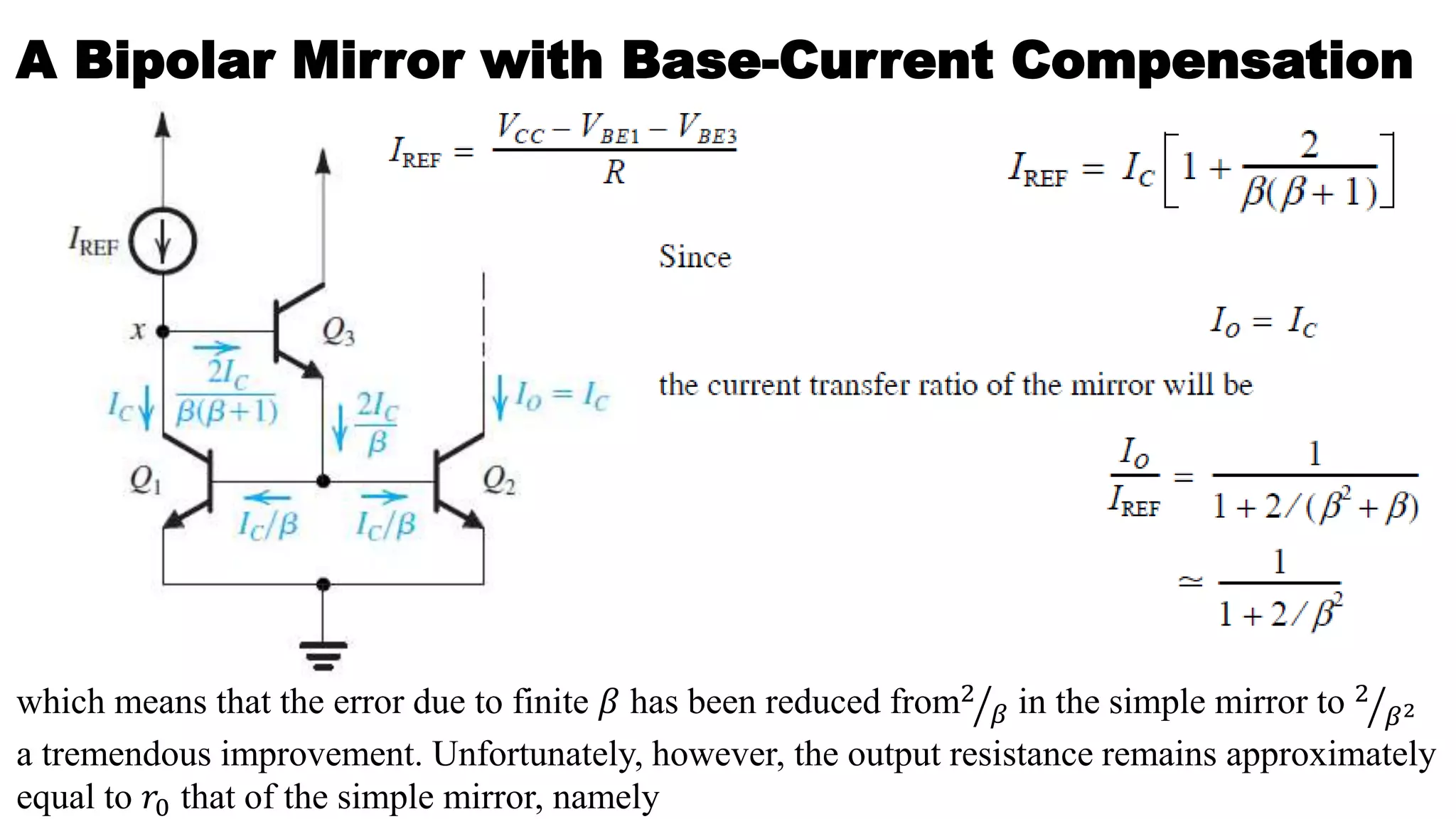 A Bipolar Mirror with Base-Current Compensation
which means that the error due to finite 𝛽 has been reduced from2
𝛽 in the simple mirror to 2
𝛽2
a tremendous improvement. Unfortunately, however, the output resistance remains approximately
equal to 𝑟0 that of the simple mirror, namely
 
