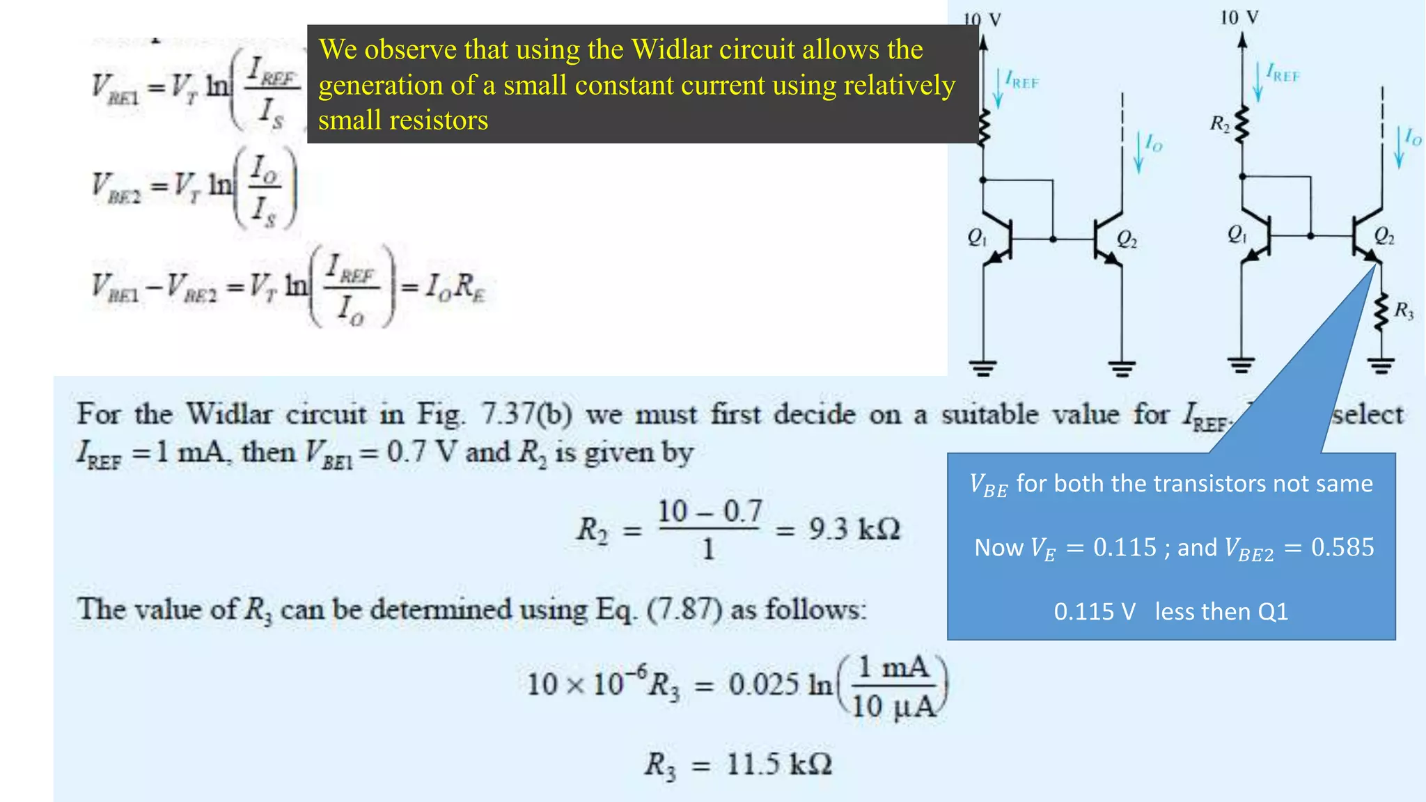 We observe that using the Widlar circuit allows the
generation of a small constant current using relatively
small resistors
𝑉𝐵𝐸 for both the transistors not same
Now 𝑉𝐸 = 0.115 ; and 𝑉𝐵𝐸2 = 0.585
0.115 V less then Q1
 
