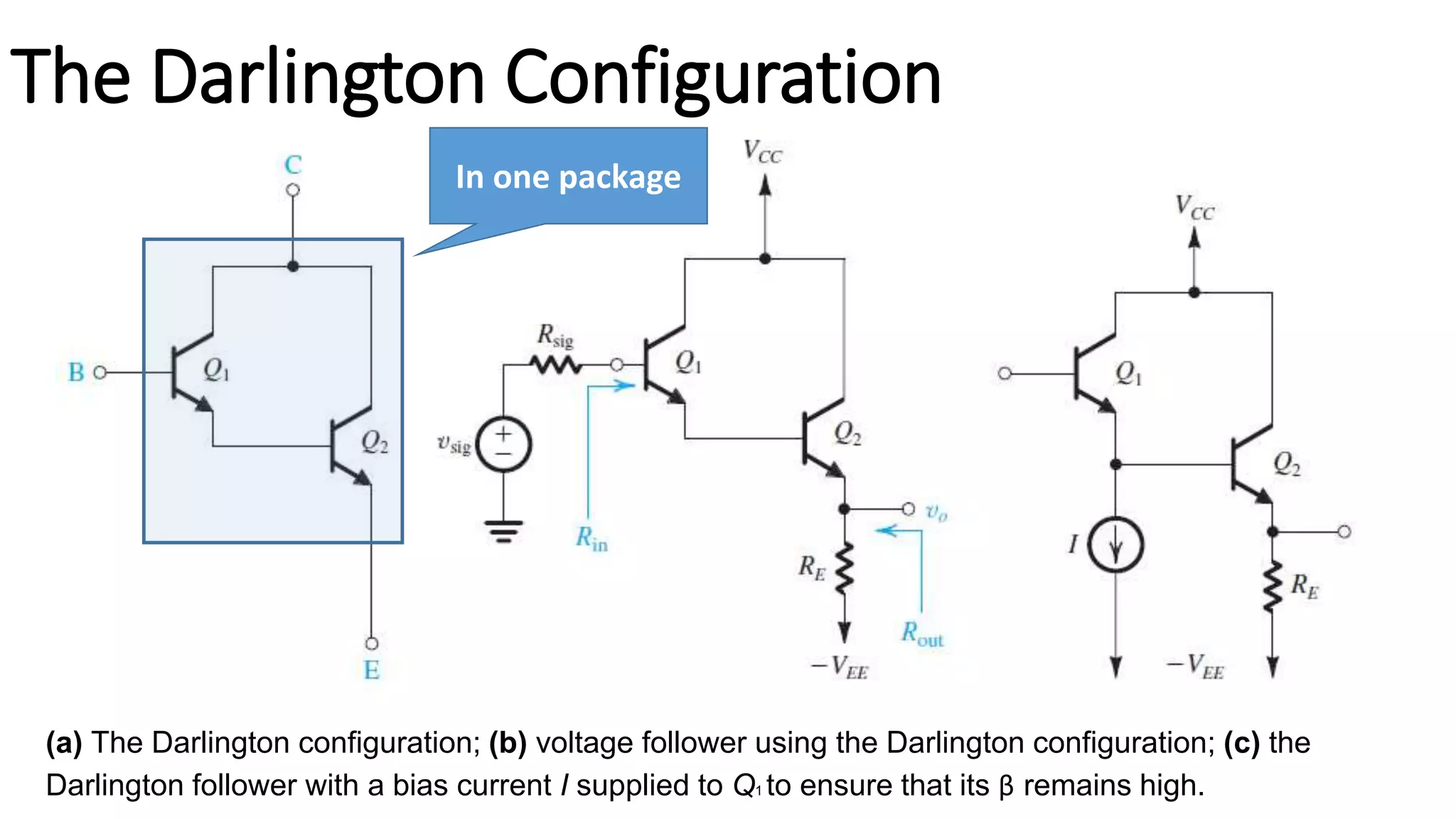 The Darlington Configuration
(a) The Darlington configuration; (b) voltage follower using the Darlington configuration; (c) the
Darlington follower with a bias current I supplied to Q1 to ensure that its β remains high.
In one package
 