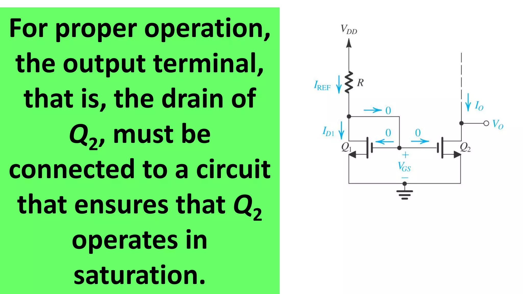 For proper operation,
the output terminal,
that is, the drain of
Q2, must be
connected to a circuit
that ensures that Q2
operates in
saturation.
 
