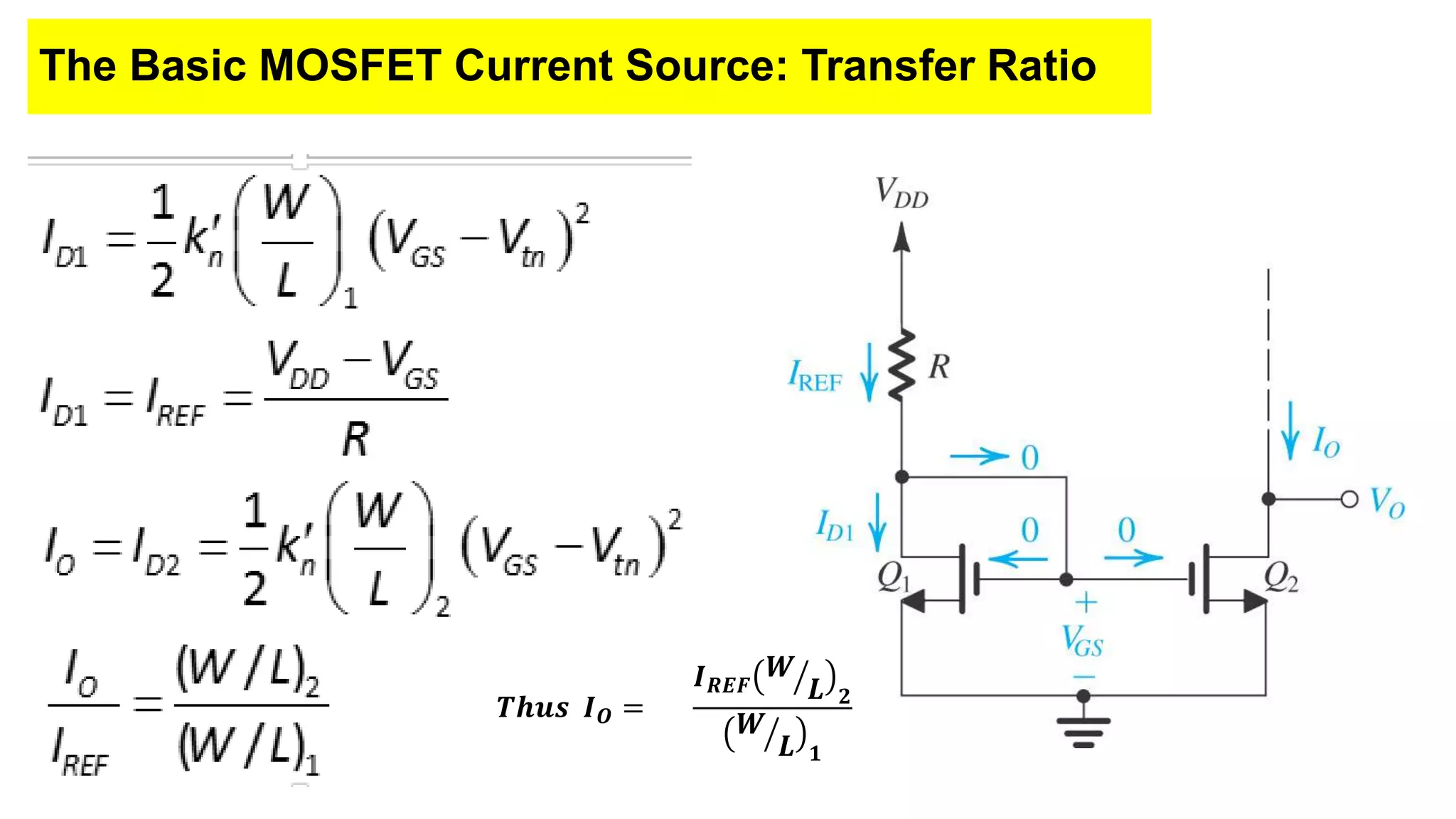 The Basic MOSFET Current Source: Transfer Ratio
𝑻𝒉𝒖𝒔 𝑰𝑶 =
𝑰𝑹𝑬𝑭
𝑾
𝑳 𝟐
𝑾
𝑳 𝟏
 