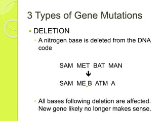 3 Types of Gene Mutations 
 DELETION 
◦ A nitrogen base is deleted from the DNA 
code 
SAM MET BAT MAN 
 
SAM ME B ATM A 
◦ All bases following deletion are affected. 
New gene likely no longer makes sense. 
 