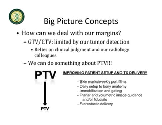 Big Picture Concepts
          Big Picture Concepts
• How can we deal with our margins?
  – GTV/CTV: limited by our tumor detection
    • Relies on clinical judgment and our radiology 
      colleagues
  – We can do something about PTV!!!
                   IMPROVING PATIENT SETUP AND TX DELIVERY

                          - Skin marks/weekly port films
                          - Daily setup to bony anatomy
                          - Immobilization and gating
                          - Planar and volumetric image guidance
                             and/or fiducials
                          - Stereotactic delivery
 