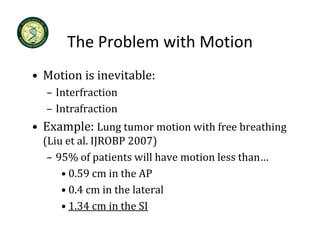 The Problem with Motion
      The Problem with Motion
• Motion is inevitable:
  Motion is inevitable:
  – Interfraction
  – Intrafraction
• Example: Lung tumor motion with free breathing 
  (Liu et al. IJROBP 2007)
  (Li t l IJROBP 2007)
   – 95% of patients will have motion less than…
      • 0 59
        0.59 cm in the AP
                  i h AP
      • 0.4 cm in the lateral
      • 1.34 cm in the SI
 