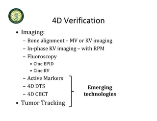 4D Verification
              4D Verification
• Imaging:
  – Bone alignment – MV or KV imaging
  – In‐phase KV imaging – with RPM
  – Fluoroscopy
    • Cine EPID
    • Cine KV
  – Active Markers
  – 4D DTS                 Emerging 
  – 4D CBCT              technologies
• Tumor Tracking
 