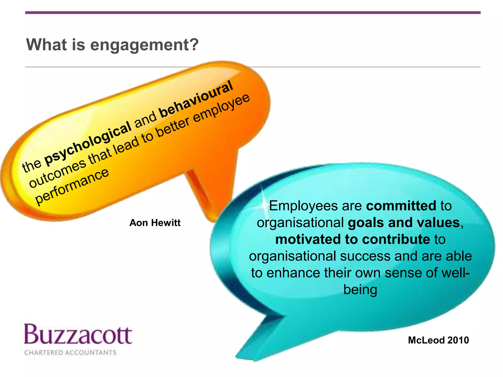 What is engagement?
Aon Hewitt
Employees are committed to
organisational goals and values,
motivated to contribute to
organisational success and are able
to enhance their own sense of well-
being
McLeod 2010
 