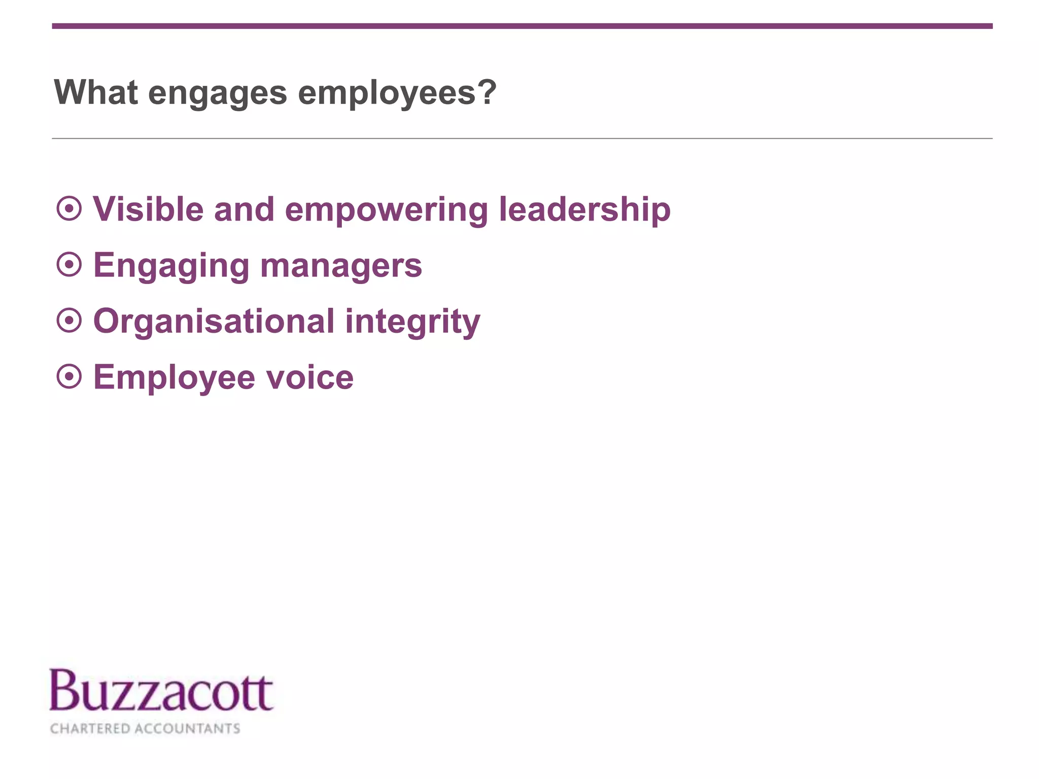 What engages employees?
 Visible and empowering leadership
 Engaging managers
 Organisational integrity
 Employee voice
 