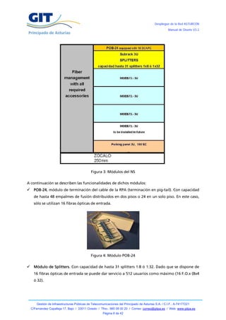 Despliegue de la Red ASTURCÓN
                                                                                                       Manual de Diseño V3.2




                                               Figura 3: Módulos del NS

A continuación se describen las funcionalidades de dichos módulos:
     POB-24, módulo de terminación del cable de la RPA (terminación en pig-tail). Con capacidad
      de hasta 48 empalmes de fusión distribuidos en dos pisos o 24 en un solo piso. En este caso,
      sólo se utilizan 16 fibras ópticas de entrada.




                                               Figura 4: Módulo POB-24

     Módulo de Splitters. Con capacidad de hasta 31 splitters 1:8 ó 1:32. Dado que se dispone de
      16 fibras ópticas de entrada se puede dar servicio a 512 usuarios como máximo (16 F.O.x (8x4
      ó 32).




        Gestión de Infraestructuras Públicas de Telecomunicaciones del Principado de Asturias S.A. / C.I.F.: A-74177221
    C/Fernández Capalleja 17, Bajo / 33011 Oviedo / Tfno.: 985 08 00 20 / Correo: correo@gitpa.es / Web: www.gitpa.es
                                                        Página 8 de 42
 