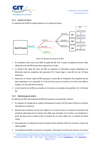 Despliegue de la Red ASTURCÓN
                                                                                                       Manual de Diseño V3.2




5.2.2       Gestión de fibras
Un esquema de la RPA se puede observar en la siguiente figura:




                                                                                                           ...
                                                                                                          ...
                                                                                                           ...
                                        Figura 14: Ejemplo de esquema de RPA

     Se considera como inicio de la RPA la salida del NP. Por lo tanto, se deberá terminar el/los
      cables de inicio de RPA fusionados a pig-tail en el nodo.

     La división del cable de inicio de RPA se realizará en diferentes niveles empleando los
      diferentes tipos de empalmes del apartado 4.1.9, hasta llegar a cada NS con las 16 fibras
      necesarias.

     Dado que un mismo cable de RPA agrupará a varios NS, se emplearán los empalmes de los
      tipos explicados en el apartado 4.1.9 de tal forma que se minimice el número de cables a
      instalar y el recorrido de los mismos.

     La terminación de la RPA se considera en la fusión a la entrada de los splitters 1:8, 1:32 de los
      NS.

5.2.3       Metodología de diseño
Se ubicarán los NS y los empalmes de RPA de acuerdo a los siguientes criterios:

     Se realizará el trazado de los cables individuales de sector (16 FO) hasta el NP por el camino
      más óptimo en distancia.

     Siempre que confluyan más de dos cables en un mismo camino, se buscará la ubicación del
      empalme adecuada para el número de cables que coincidan en el tramo y se considerará a
      partir de este punto y hasta el NP, el trazado de un único cable con un número de fibras
      mayor.

     Esta operación se realizará de forma iterativa hasta alcanzar el NP con el menor número de
      cables posible.

     Los empalmes de RPA se ubicarán en arquetas, intentando minimizar los metros y el número

        Gestión de Infraestructuras Públicas de Telecomunicaciones del Principado de Asturias S.A. / C.I.F.: A-74177221
    C/Fernández Capalleja 17, Bajo / 33011 Oviedo / Tfno.: 985 08 00 20 / Correo: correo@gitpa.es / Web: www.gitpa.es
                                                       Página 19 de 42
 
