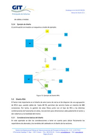 Despliegue de la Red ASTURCÓN
                                                                                                       Manual de Diseño V3.2




      de cables a instalar.

5.2.4     Ejemplo de diseño
A continuación se muestra un esquema a modo de ejemplo:




                                           Figura 15: Ejemplo de Diseño RPA

5.3     Diseño RSA
El factor más importante en el diseño de este tramo de red es el de disponer de una agrupación
de RFU’s que, usando cables de hasta 48 FO, permitan dar servicio hasta un máximo de 480
conexiones. Por tanto, la gestión de estas fibras junto con el tipo de RFU y las distintas
combinaciones de fusionarlas en estos, nos servirán para dimensionar adecuadamente el sector y
dar cobertura a la totalidad del mismo.

5.3.1     Consideraciones básicas del diseño
En este apartado se dan las consideraciones a tener en cuenta para ubicar físicamente los
repartidores de abonado y los tendidos del cableado en el diseño de los sectores.



        Gestión de Infraestructuras Públicas de Telecomunicaciones del Principado de Asturias S.A. / C.I.F.: A-74177221
  C/Fernández Capalleja 17, Bajo / 33011 Oviedo / Tfno.: 985 08 00 20 / Correo: correo@gitpa.es / Web: www.gitpa.es
                                                       Página 20 de 42
 