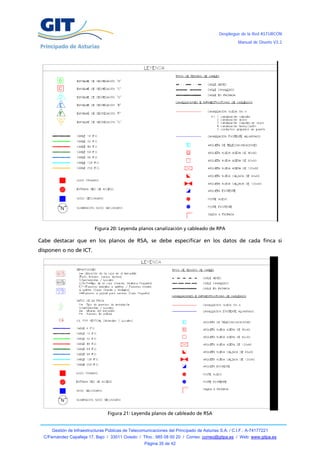 Despliegue de la Red ASTURCÓN
                                                                                                     Manual de Diseño V3.2




                           Figura 20: Leyenda planos canalización y cableado de RPA

Cabe destacar que en los planos de RSA, se debe especificar en los datos de cada finca si
disponen o no de ICT.




                                  Figura 21: Leyenda planos de cableado de RSA


      Gestión de Infraestructuras Públicas de Telecomunicaciones del Principado de Asturias S.A. / C.I.F.: A-74177221
  C/Fernández Capalleja 17, Bajo / 33011 Oviedo / Tfno.: 985 08 00 20 / Correo: correo@gitpa.es / Web: www.gitpa.es
                                                     Página 35 de 42
 