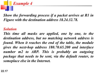 22.17
Show the forwarding process if a packet arrives at R1 in
Figure with the destination address 18.24.32.78.
Example 4
Solution
This time all masks are applied, one by one, to the
destination address, but no matching network address is
found. When it reaches the end of the table, the module
gives the next-hop address 180.70.65.200 and interface
number m2 to ARP. This is probably an outgoing
package that needs to be sent, via the default router, to
someplace else in the Internet.
 
