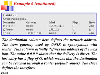 22.30
Example 6 (continued)
The destination column here defines the network address.
The term gateway used by UNIX is synonymous with
router. This column actually defines the address of the next
hop. The value 0.0.0.0 shows that the delivery is direct. The
last entry has a flag of G, which means that the destination
can be reached through a router (default router). The Iface
defines the interface.
 