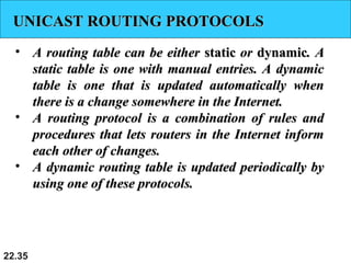 22.35
UNICAST ROUTING PROTOCOLSUNICAST ROUTING PROTOCOLS
• A routing table can be eitherA routing table can be either staticstatic oror dynamicdynamic. A. A
static table is one with manual entries. A dynamicstatic table is one with manual entries. A dynamic
table is one that is updated automatically whentable is one that is updated automatically when
there is a change somewhere in the Internet.there is a change somewhere in the Internet.
• A routing protocol is a combination of rules andA routing protocol is a combination of rules and
procedures that lets routers in the Internet informprocedures that lets routers in the Internet inform
each other of changes.each other of changes.
• A dynamic routing table is updated periodically byA dynamic routing table is updated periodically by
using one of these protocols.using one of these protocols.
 