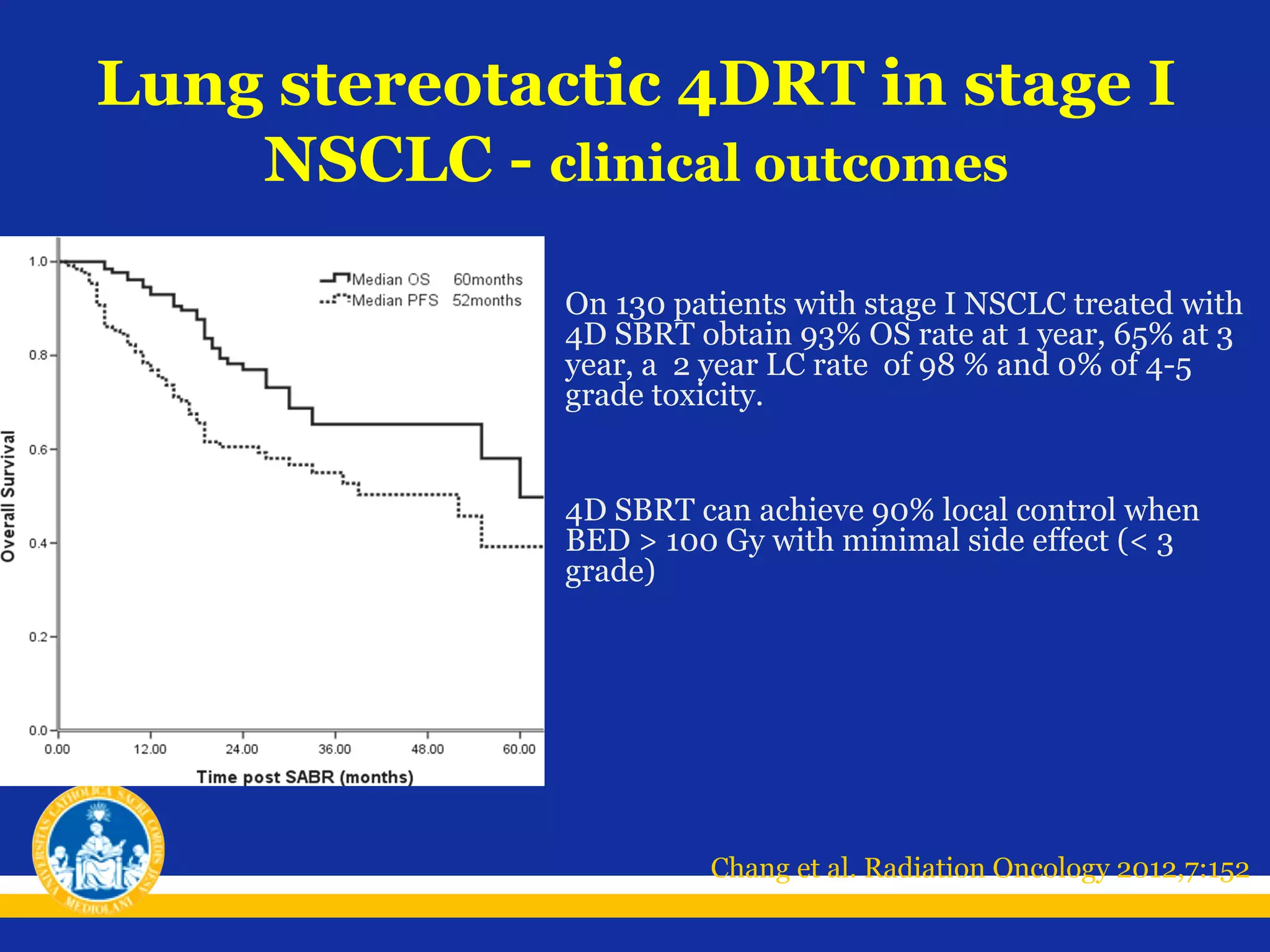 Lung stereotactic 4DRT in stage I
NSCLC - clinical outcomes
•

On 130 patients with stage I NSCLC treated with
4D SBRT obtain 93% OS rate at 1 year, 65% at 3
year, a 2 year LC rate of 98 % and 0% of 4-5
grade toxicity.

•

4D SBRT can achieve 90% local control when
BED > 100 Gy with minimal side effect (< 3
grade)

Chang et al. Radiation Oncology 2012,7:152

 