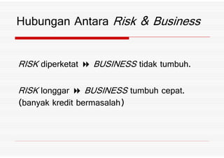RISK diperketat BUSINESS tidak tumbuh%
Hubungan Antara Risk ) Business
RISK longgar BUSINESS tumbuh cepat%
*banyak kredit bermasalah+
 