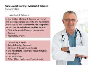 Professional staffing –Medical & Science
Our activities
In the field of Medical & Science we recruit
and place specialized scientific and healthcare
professionals. For the Pharma and Diagnostic
sectors our focus includes profiles such as:
• Clinical Research Managers/Associates
• Doctors
• Regulatory Affairs
Medical & Science
• Laboratory Scientists
• Sales & Product Support
• Directors & Department Heads
In the Healthcare sector our focus includes:
• Pathologists
• Lab technicians
• Other Allied Healthcare Professionals
 