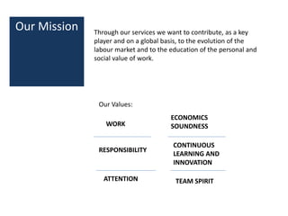 Our Mission Through our services we want to contribute, as a key
player and on a global basis, to the evolution of the
labour market and to the education of the personal and
social value of work.
Our Values:
WORK
ECONOMICS
SOUNDNESS
RESPONSIBILITY
CONTINUOUS
LEARNING AND
INNOVATION
ATTENTION TEAM SPIRIT
 