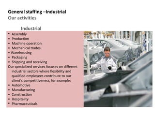 General staffing –Industrial
Our activities
• Assembly
• Production
• Machine operation
• Mechanical trades
• Warehousing
• Packaging
• Shipping and receiving
Our specialized services focuses on different
industrial sectors where flexibility and
qualified employees contribute to our
client’s competitiveness, for example:
• Automotive
• Manufacturing
• Construction
• Hospitality
• Pharmaceuticals
Industrial
 