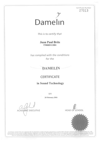 JP Damelin certificate