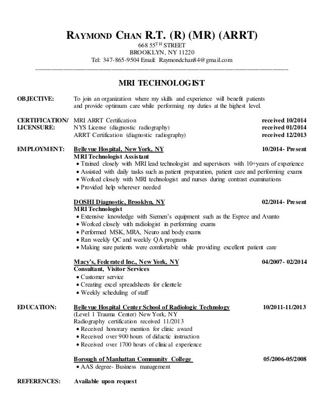 raymond chan mri resume mri technologist resumes