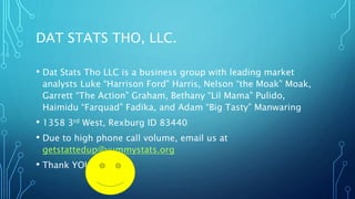 DAT STATS THO, LLC.
• Dat Stats Tho LLC is a business group with leading market
analysts Luke “Harrison Ford” Harris, Nelson “the Moak” Moak,
Garrett “The Action” Graham, Bethany “Lil Mama” Pulido,
Haimidu “Farquad” Fadika, and Adam “Big Tasty” Manwaring
• 1358 3rd West, Rexburg ID 83440
• Due to high phone call volume, email us at
getstattedup@yummystats.org
• Thank YOU!
 