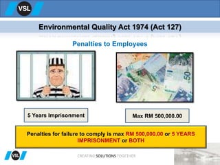 CREATING SOLUTIONS TOGETHER
Environmental Quality Act 1974 (Act 127)
Penalties to Employees
5 Years Imprisonment Max RM 500,000.00
Penalties for failure to comply is max RM 500,000.00 or 5 YEARS
IMPRISONMENT or BOTH
 