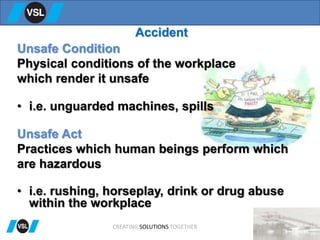 Accident
Unsafe Condition
Physical conditions of the workplace
which render it unsafe
• i.e. unguarded machines, spills
Unsafe Act
Practices which human beings perform which
are hazardous
• i.e. rushing, horseplay, drink or drug abuse
within the workplace
CREATING SOLUTIONS TOGETHER
 