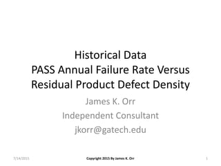 Historical Data
PASS Annual Failure Rate Versus
Residual Product Defect Density
James K. Orr
Independent Consultant
jkorr@gatech.edu
Copyright 2015 By James K. Orr 17/14/2015
 