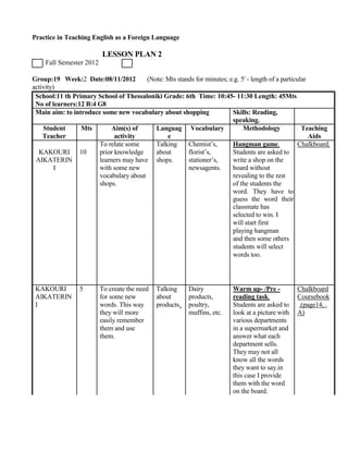 Practice in Teaching English as a Foreign Language
LESSON PLAN 2
Fall Semester 2012
Group:19 Week:2 Date:08/11/2012 (Note: Mts stands for minutes; e.g. 5' - length of a particular
activity)
School:11 th Primary School of Thessaloniki Grade: 6th Time: 10:45- 11:30 Length: 45Mts
No of learners:12 B:4 G8
Main aim: to introduce some new vocabulary about shopping Skills: Reading,
speaking.
Student Mts Aim(s) of Languag Vocabulary Methodology Teaching
Teacher activity e Aids
To relate some Talking Chemist’s, Hangman game. Chalkboard.
KAKOURI 10 prior knowledge about florist’s, Students are asked to
AIKATERIN learners may have shops. stationer’s, write a shop on the
I with some new newsagents. board without
vocabulary about revealing to the rest
shops. of the students the
word. They have to
guess the word their
classmate has
selected to win. I
will start first
playing hangman
and then some others
students will select
words too.
KAKOURI 5 To create the need Talking Dairy Warm up- /Pre - Chalkboard
AIKATERIN for some new about products, reading task. Coursebook
I words. This way products. poultry, Students are asked to .(page14, .
they will more muffins, etc. look at a picture with A)
easily remember various departments
them and use in a supermarket and
them. answer what each
department sells.
They may not all
know all the words
they want to say.in
this case I provide
them with the word
on the board.
 