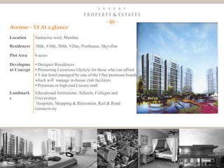 17
Luxury Property & Estates
Location Santacruz west, Mumbai
Residences 3bhk, 4 bhk, 5bhk, Villas, Penthouse, Skyvillas
Plot Area 6 acres
Developme
nt Concept
• Designer Residences
• Promoting Luxurious lifestyle for those who can afford
• 5 star hotel managed by one of the Uber premium brands
which will manage in-house club facilities
• Premium or high-end Luxury mall
Landmark
s
Educational Institutions :Schools, Colleges and
Universities
Hospitals, Shopping & Recreation, Rail & Road
connectivity
Avenue - 54 At a glance
 