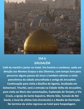 DIA 6
JERUSALÉM
Café da manhã e jantar no hotel. Em horário a combinar, saída em
direção aos Montes Scopus e das Oliveiras, com tempo livre para
percorrer alguns passos de Jesus e também admirar a visita
panorâmica da cidade amuralhada e antiga de Jerusalém.
Continuação para visita a Basílica da Agonia, localizada em
Getsemani. Triunfal, será a entrada na Cidade Velha de Jerusalém,
para visita ao Muro das Lamentações, Esplanada do Templo, a Via
Crucis, a Igreja do Santo Sepulcro, Monte Sião, Tumulo do Rei
David, o local da ultima Ceia (Cenáculo) e a Abadia da Dormição.
No termino da visita regresso ao hotel para hospedagem.
 