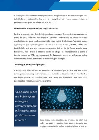 A Educação a Distância traz consigo toda esta complexidade e, ao mesmo tempo, uma
infinidade de potencialidades, por ser adaptável ao ritmo, características e
preferências de quem estuda (PIVA et al, 2011).
Flexibilidade de acesso, ensino e aprendizagem
Ensinar e aprender, nos dias de hoje, precisam estar completamente coesos com nosso
ritmo de vida, cada vez mais intenso. Conciliar a informação de qualidade e seu
aprofundamento para total compreensão exige maior flexibilidade, “espaços menos
rígidos” para que sejam integrados à nossa vida e nossa mente (MORAN, 1999). Esta
flexibilidade aplica-se não apenas aos espaços físicos, locais (como escola, casa,
biblioteca), mas muito à maneira como se chega ao conhecimento e como o
interiorizamos. Na EAD, você aprenderá de diversas formas e por diferentes meios,
como leituras, vídeos, entrevistas e animações, por exemplo.
Tecnologias para apoio à pesquisa.
A web é uma fonte infinita de conteúdo. A facilidade que se tem hoje em postar
mensagens, escrever e publicar informações nunca foi vista em nossa história. Isto abre
um leque gigante de possibilidades, bem como de fragilidade, pois nem toda
informação é verídica, confiável e científica.
Desta forma, com a orientação do professor ou tutor, você
poderá navegar e encontrar todo apoio à pesquisa que
precisar, aproveitando melhor o potencial que a internet
“A facilidade que se
tem hoje em postar
mensagens,
escrever e publicar
informações nunca
foi vista em nossa
história. ”
Figura 4: Potencialidades da tecnologia
 