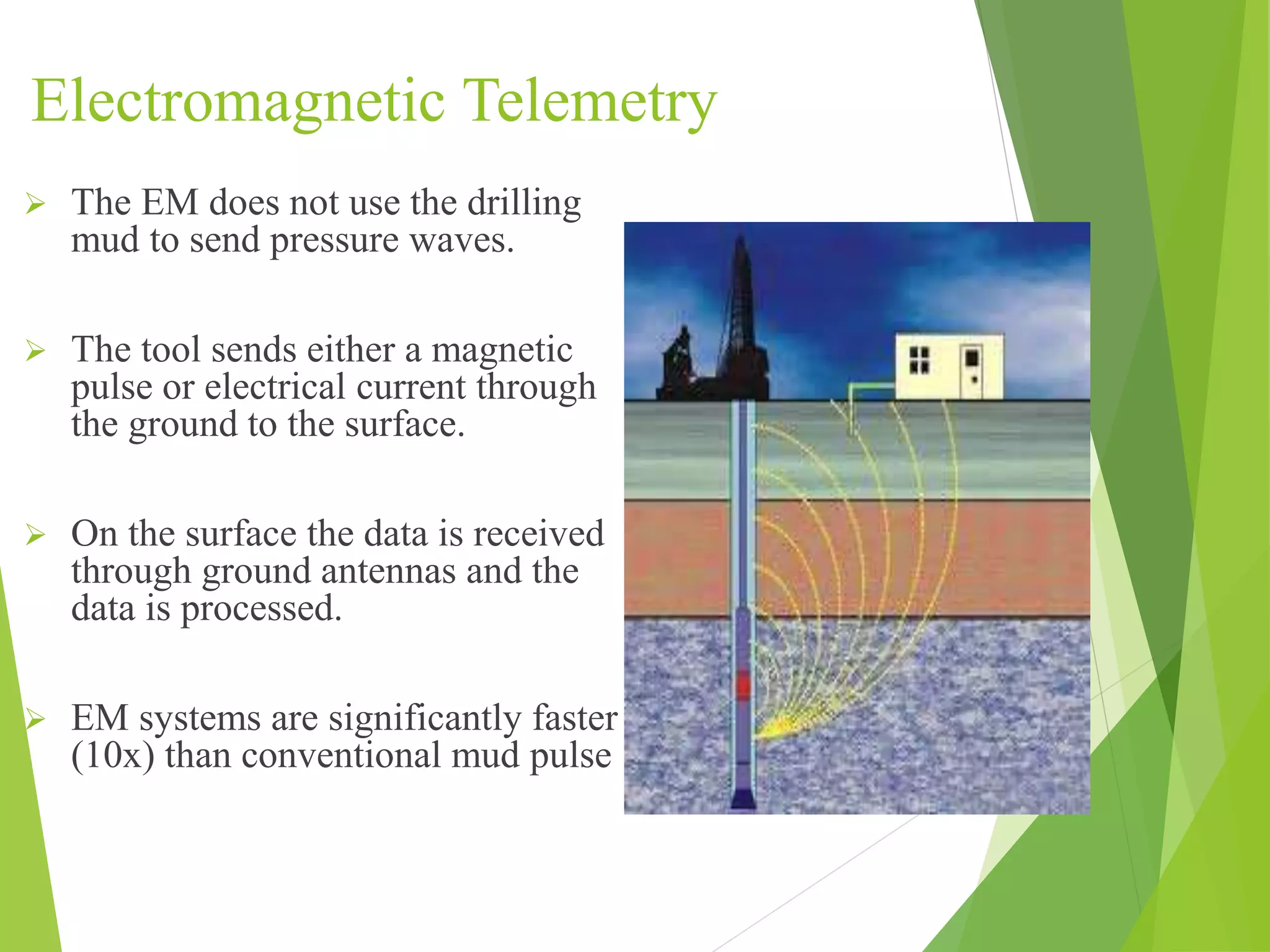 Electromagnetic Telemetry
 The EM does not use the drilling
mud to send pressure waves.
 The tool sends either a magnetic
pulse or electrical current through
the ground to the surface.
 On the surface the data is received
through ground antennas and the
data is processed.
 EM systems are significantly faster
(10x) than conventional mud pulse
 
