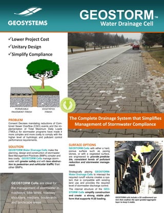 PROBLEM
Consent Decrees mandating reductions of Com-
bined Sewer Overflow (CSO) events and the im-
plementation of Total Maximum Daily Loads
(TMDLs) for stormwater programs have made it
more complex and more costly to comply with the
higher level of hydrologic and pollutant control
performance requirements.
SOLUTION
GEOSTORM Water Drainage Cells make the
planning, design and construction of stormwater
Best Management Practices (BMPs) simpler and
less costly. GEOSTORM Cells manage storm-
water with greater safety and with less obstruc-
tion to pedestrian and vehicular traffic than
other BMPs.
GEOWEB®
Lower Project Cost
Unitary Design
Simplify Compliance
GEOSTORM cells include a 3D confinement sys-
tem that confines the open-graded aggregate
layer to keep it stable.
GEOSTORM Cells are ideal for
the management of stormwater in
roadways, bike lanes, roadway
shoulders, medians, boulevards
and landscape areas.
GEOSTORM™
Water Drainage Cell
The Complete Drainage System that Simplifies
Management of Stormwater Compliance
SURFACE OPTIONS
GEOSTORM Cells with either a hard,
porous surface such as paving
stones, or with a vegetated surface,
are engineered to provide predicta-
ble, consistent levels of pollutant
reduction and stormwater manage-
ment.
Strategically placing GEOSTORM-
Water Drainage Cells to intercept the
required runoff volume creates a sys-
tem that is compatible with existing
land use and provides the required
level of stormwater discharge control.
The internal structure of the GEO-
STORM Cells simplify construction
and create a strong, stable plat-
form that supports H-20 loading.
 