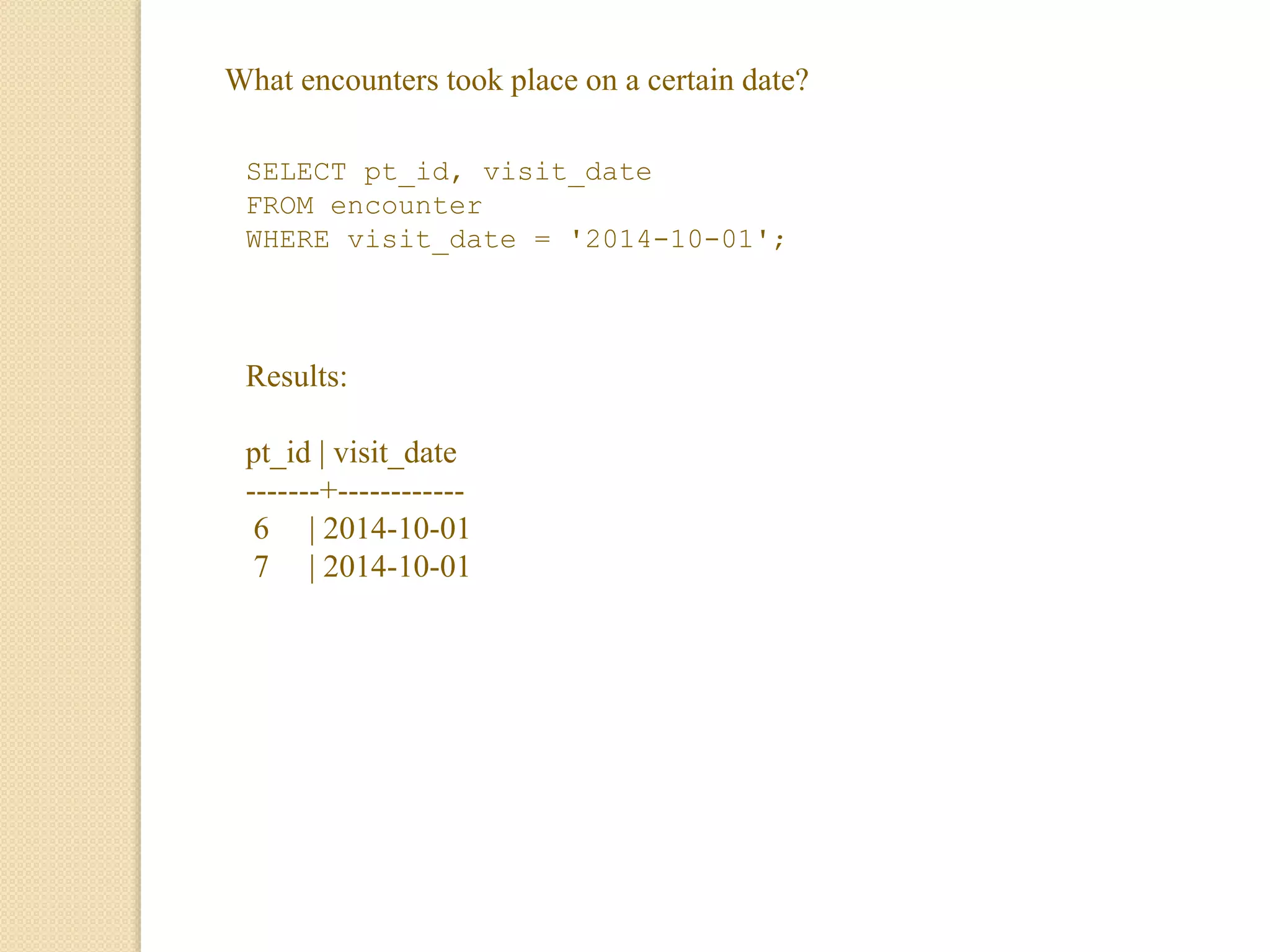 What encounters took place on a certain date?
SELECT pt_id, visit_date
FROM encounter
WHERE visit_date = '2014-10-01';
Results:
pt_id | visit_date
-------+------------
6 | 2014-10-01
7 | 2014-10-01
 