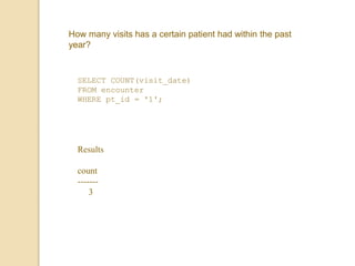 How many visits has a certain patient had within the past
year?
SELECT COUNT(visit_date)
FROM encounter
WHERE pt_id = '1';
Results
count
-------
3
 