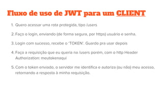 Fluxo de uso de JWT para um CLIENT
1. Quero acessar uma rota protegida, tipo /users
2. Faço o login, enviando (de forma segura, por https) usuário e senha.
3. Login com sucesso, recebe o ‘TOKEN’. Guardo pra usar depois
4. Faço a requisição que eu queria na /users porém, com o http Header
Authorization: meutokenaqui
5. Com o token enviado, o servidor me identifica e autoriza (ou não) meu acesso,
retornando a resposta à minha requisição.
 