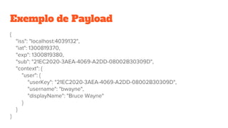 Exemplo de Payload
{
"iss": "localhost:4039132",
"iat": 1300819370,
"exp": 1300819380,
"sub": "21EC2020-3AEA-4069-A2DD-08002B30309D",
"context": {
"user": {
"userKey": "21EC2020-3AEA-4069-A2DD-08002B30309D",
"username": "bwayne",
"displayName": "Bruce Wayne"
}
}
}
 