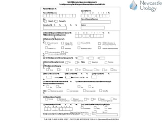 N.B. FOR IN-HOUSE USE ONLY – NOT TO BE RETURNED TO BAUS – Operational from 01/01/2014
BAUS%&%Complex%operations%database%
Total%Cystectomy%for%Malignant%Disease%–%Operation%–%2014%
Patient%Details: %
Date%of%Birth%
Patient%NHS%Number %
Sex Patient%Hospital%Number
% Male% % Female%
Consultant%% % % % % % Centre
Q1%Date%of%diagnosis%of%bladder%cancer%% % %
%%%%%%(date&histological&diagnosis)&
%
Q2%Indication%for%Cystectomy%
%
%
% %
%
Q3/ 4/ 5%Pre&Operative%Clinical%categories:%% %
Q6%Urethral%Biopsy%performed If%yes
%
Q7%Pre&Operative%Imaging
% %
Q8%Serum%Creatinine%%% Q9%Serum%eGFR%%% % % Q10%pre&op%Hb%% %
%%%%%%%%% % %%%%% % % %
%
Q11%Patient%offered%Pre&operative%% % Q12%Patient%received%Neoadjuvant%Chemotherapy%
Neoadjuvant%Chemotherapy%
%
If%NO %
%
Q13%Status%Upper%tracts%
Q14%Date%of%Operation%% % % %% Q15/ 16%Grade%of%Main%Operating%Surgeon
Was%procedure%performed%jointly%with%another%consultant?
 