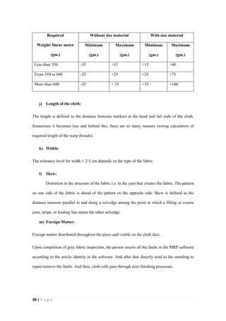 38 | P a g e
Required
Weight/ linear meter
(gm.)
Without size material With size material
Minimum
(gm.)
Maximum
(gm.)
Minimum
(gm.)
Maximum
(gm.)
Less than 350 -15 +15 +15 +40
From 350 to 600 -25 +25 +25 +75
More than 600 -35 + 35 +35 +100
j) Length of the cloth:
The length is defined as the distance between markers at the head and tail ends of the cloth.
Sometimes it becomes less and behind this, there are so many reasons (wrong calculation of
required length of the warp threads).
k) Width:
The tolerance level for width ± 2-5 cm depends on the type of the fabric.
l) Skew:
Distortion in the structure of the fabric i.e. in the yarn that creates the fabric. The pattern
on one side of the fabric is ahead of the pattern on the opposite side. Skew is defined as the
distance measure parallel to and along a selvedge among the point at which a filling or course
yarn, stripe, or leading line meets the other selvedge.
m) Foreign Matter:
Foreign matter distributed throughout the piece and visible on the cloth face.
Upon completion of gray fabric inspection, the person inserts all the faults in the MRP software
according to the article identity in the software. And after that directly send to the mending to
repair/remove the faults. And then, cloth rolls pass through next finishing processes.
 