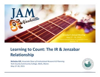 Nicholas Gill, Associate Dean of Institutional Research & Planning 
York County Community College, Wells, Maine
May 27‐30, 2015
Learning to Count: The IR & Jenzabar
Relationship
Jenzabar’s Annual Meeting
May 27 ‐ 30, 2015 
Gaylord Opryland Resort & Convention Center
Nashville, TN
 