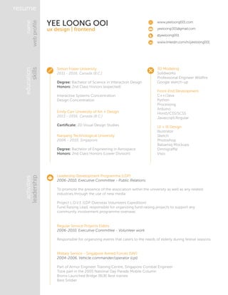 resume
education
skills
name
webproﬁleleadership
activities
YEE LOONG OOI
ux design | frontend
Nanyang Technological University
2006 - 2010, Singapore
Degree: Bachelor of Engineering in Aerospace
Honors: 2nd Class Honors (Lower Division)
Simon Fraser University
2011 - 2016, Canada (B.C.)
Degree: Bachelor of Science in Interaction Design
Honors: 2nd Class Honors (expected)
Interactive Systems Concentration
Design Concentration
Emily Carr University of Art + Design
2013 - 2016, Canada (B.C.)
Certiﬁcate: 2D Visual Design Studies
3D Modeling
Solidworks
Professional Engineer Wildﬁre
Google sketch-up
Front-End Development
C++/Java
Python
Processing
Arduino
Html5/CSS/SCSS
Javascript/Angular
UI + IX Design
Illustrator
Sketch
Photoshop
Balsamiq Mockups
Omnigraffle
Visio
Leadership Development Programme (LDP)
2006-2010, Executive Committee - Public Relations
To promote the presence of the association within the university as well as any related
industries through the use of new media
Project L.O.V.E (LDP Overseas Volunteers Expedition)
Fund Raising Lead, responsible for organizing fund raising projects to support any
community involvement programme overseas
Regular Service Projects Elders
2006-2010, Executive Committee - Volunteer work
Responsible for organizing events that caters to the needs of elderly during festive seasons
Military Service - Singapore Armed Forces (SAF)
2004-2006, Vehicle commander/operator (cpl)
Part of Armor Engineer Training Centre, Singapore Combat Engineer
Took part in the 2005 National Day Parade Mobile Column
Bionix Launched Bridge (BLB) Best trainee
Best Soldier
www.yeeloong001.com
yeeloong.001@gmail.com
@yeeloong001
www.linkedin.com/in/yeeloong001
 
