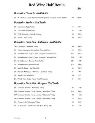 Bin 
Red 
Wine 
Half 
Bottle 
Domestic 
-­ 
Grenache 
-­ 
Half 
Bottle 
2012 A 
Tribute 
to 
Grace 
-­ 
Santa 
Barbara 
Highlands 
Vineyard 
-­ 
Santa 
Barbara 
50 160W 
County 
Domestic 
-­ 
Merlot 
-­ 
Half 
Bottle 
2011 Duckhorn 
-­ 
Napa 
Valley 65 9855 
2012 Duckhorn 
-­ 
Napa 
Valley 55 119D 
2011 Pride 
Mountain 
-­ 
Napa 
& 
Sonoma 60 9853 
2011 Shafer 
-­ 
Napa 
Valley 60 9734 
Domestic 
-­ 
Pinot 
Noir 
-­ 
California 
-­ 
Half 
Bottle 
2010 Goldeneye 
-­ 
Anderson 
Valley 60 9470 
2011 Hirsch 
Vineyards 
San 
Andreas 
-­ 
Sonoma 
Coast 65 9585 
2011 Kosta 
Browne 
-­ 
Gap’s 
Crown 
Vineyard 
-­ 
Sonoma 
Coast 175 131P 
2012 Kosta 
Browne 
-­ 
Gap’s 
Crown 
Vineyard 
-­ 
Sonoma 
Coast 150 117D 
2012 Kosta 
Browne 
-­ 
Russian 
River 
Valley 125 140N 
2012 Kosta 
Browne 
-­ 
Sonoma 
Coast 125 140P 
2012 Melville 
Estate 
-­ 
Sta. 
Rita 
Hills 45 5812 
2012 Navarro 
Méthode 
à 
l’Ancienne 
-­ 
Anderson 
Valley 45 108Y 
2011 Sandhi 
-­ 
Sta. 
Rita 
Hills 50 119T 
2012 Windy 
Oaks 
Estate 
-­ 
Santa 
Cruz 
Mountains 45 9811 
Domestic 
-­ 
Pinot 
Noir 
-­ 
Oregon 
-­ 
Half 
Bottle 
2011 Domaine 
Drouhin 
-­ 
Willamette 
Valley 45 119G 
2008 Domaine 
Drouhin 
Cuvée 
Laurène 
-­ 
Willamette 
Valley 110 9869 
2009 Domaine 
Drouhin 
Cuvée 
Laurène 
-­ 
Willamette 
Valley 90 112G 
2010 Domaine 
Drouhin 
Cuvée 
Laurène 
-­ 
Willamette 
Valley 75 9616 
2012 Penner-­Ash 
-­ 
Willamette 
Valley 50 113F 
2012 St. 
Innocent 
-­ 
Zenith 
Vineyard -­ 
Eola-­Amity 
Hills 45 152V 
11/12/2014 6 
 