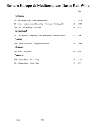 Eastern Europe & Mediterranean Basin Red Wine 
Bin 
Germany 
2012 Ahr - Meyer-Näkel Estate - Spätburgunder 75 142W 
2011 Mosel - Niedermenniger Herrenberg - Falkenstein - Spätburgunder 45 122D 
2009 Pfalz - Becker Estate - Pinot Noir 40 9739 
Switzerland 
2012 Cave Ruinettes - Serge Roh - Pinot Noir - Grand Cru Vétroz - Valais 95 159C 
Austria 
2009 Glatzer Riedencuvée - Zweigelt - Carnuntum 40 105G 
Slovenia 
2007 Movia - Pinot Nero 95 9440 
Lebanon 
2000 Château Musar - Bekaa Valley 150 161W 
2001 Château Musar - Bekaa Valley 135 9787 
11/12/2014 106 
 