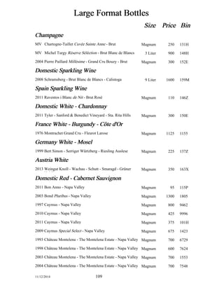 Large Format Bottles 
Size Price Bin 
Champagne 
Chartogne-Taillet MV Cuvée Sainte Anne - Brut Magnum 250 131H 
MV Michel Turgy Réserve Séléction - Brut Blanc de Blancs 3 Liter 900 148H 
2004 Pierre Paillard Millésime - Grand Cru Bouzy - Brut Magnum 300 152E 
Domestic Sparkling Wine 
2008 Schramsberg - Brut Blanc de Blancs - Calistoga 9 Liter 1600 159M 
Spain Sparkling Wine 
2011 Raventos i Blanc de Nit - Brut Rosé Magnum 110 146Z 
Domestic White - Chardonnay 
2011 Tyler - Sanford & Benedict Vineyard - Sta. Rita Hills Magnum 300 150E 
France White - Burgundy - Côôte d'Or 
1976 Montrachet Grand Cru - Fleurot Larose Magnum 1125 1155 
Germany White - Mosel 
1999 Bert Simon - Serriger Würtzberg - Riesling Auslese Magnum 225 137Z 
Austria White 
2013 Weingut Knoll - Wachau - Schutt - Smaragd - Grüner 
Magnum 350 163X 
Veltliner 
Domestic Red - Cabernet Sauvignon 
2011 Bon Anno - Napa Valley Magnum 95 115P 
2003 Bond Pluribus - Napa Valley Magnum 1300 1805 
1997 Caymus - Napa Valley Magnum 800 9462 
2010 Caymus - Napa Valley Magnum 425 9996 
2011 Caymus - Napa Valley Magnum 375 101H 
2009 Caymus Special Select - Napa Valley Magnum 675 1423 
1993 Château Montelena - The Montelena Estate - Napa Valley Magnum 700 6729 
1998 Château Montelena - The Montelena Estate - Napa Valley Magnum 600 7624 
2003 Château Montelena - The Montelena Estate - Napa Valley Magnum 700 1553 
2004 Château Montelena - The Montelena Estate - Napa Valley Magnum 700 7548 
11/12/2014 109 
 