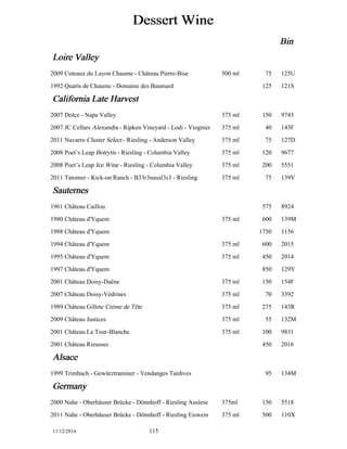 Dessert Wine 
Bin 
Loire Valley 
2009 Coteaux du Layon Chaume - Château Pierre-Bise 500 ml 75 125U 
1992 Quarts de Chaume - Domaine des Baumard 125 121S 
California Late Harvest 
2007 Dolce - Napa Valley 375 ml 150 9743 
2007 JC Cellars Alexandra - Ripken Vineyard - Lodi - Viognier 375 ml 40 143F 
2011 Navarro Cluster Select - Riesling - Anderson Valley 375 ml 75 127D 
2008 Poet’s Leap Botrytis - Riesling - Columbia Valley 375 ml 120 9677 
2008 Poet’s Leap Ice Wine - Riesling - Columbia Valley 375 ml 200 5551 
2011 Tatomer - Kick-on Ranch - B33r3nausl3s3 - Riesling 375 ml 75 139Y 
Sauternes 
1961 Château Caillou 575 8924 
1980 Château d'Yquem 375 ml 600 139M 
1988 Château d'Yquem 1750 1156 
1994 Château d'Yquem 375 ml 600 2015 
1995 Château d'Yquem 375 ml 450 2014 
1997 Château d'Yquem 850 129Y 
2001 Château Doisy-Daëne 375 ml 150 154F 
2007 Château Doisy-Védrines 375 ml 70 3392 
1989 Château Gillete Crème de Tête 375 ml 275 143R 
2009 Château Justices 375 ml 55 132M 
2001 Château La Tour-Blanche 375 ml 100 9831 
2001 Château Rieussec 450 2016 
Alsace 
1999 Trimbach - Gewürztraminer - Vendanges Tardives 95 134M 
Germany 
2000 Nahe - Oberhäuser Brücke - Dönnhoff - Riesling Auslese 375ml 150 5518 
2011 Nahe - Oberhäuser Brücke - Dönnhoff - Riesling Eiswein 375 ml 500 110X 
11/12/2014 115 
 