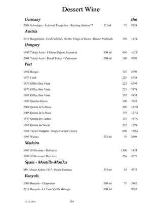 Dessert Wine 
Germany Bin 
2006 Schmitges - Erderner Treppchen - Riesling Auslese** 375ml 75 9524 
Austria 
2011 Burgenland - Heidi Schröck On the Wings of Dawn - Ruster A3u7sb5r umclh 150 145K 
Hungary 
1993 Tokaji Aszú - Château Pajzos Esszencia 500 ml 450 102V 
2008 Tokaji Aszú - Royal Tokaji 5 Puttonyos 500 ml 100 9999 
Port 
1982 Borges 125 6796 
1977 Croft 225 6788 
1970 Offley Boa Vista 225 6795 
1975 Offley Boa Vista 225 7178 
1985 Offley Boa Vista 155 5454 
1983 Quarles-Harris 100 7422 
2004 Quinta de la Rosa 200 127H 
2005 Quinta de la Rosa 175 127G 
1977 Quinta do Cachao 125 117A 
1966 Quinta do Noval 225 129Z 
1964 Taylor Fladgate - Single Harvest Tawny 600 150G 
1997 Warres 375 ml 75 2098 
Madeira 
1907 d’Oliveiras - Malvazia 1500 143T 
1989 d’Oliveiras - Malvazia 250 9776 
Spain - Montilla-Moriles 
MV Alvear Solera 1927 - Pedro Ximénez 375 ml 55 9773 
Banyuls 
2009 Banyuls - Chapoutier 500 ml 75 5862 
2011 Banyuls - La Tour Vieille Rimage 500 ml 9783 
11/12/2014 116 
 